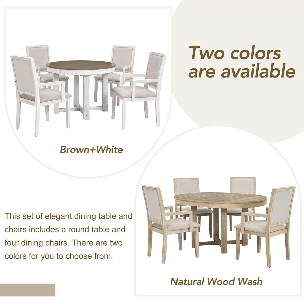 5 Piece Round Extendable Wood Dining Table Set with 4 Upholstered Chairs S4032