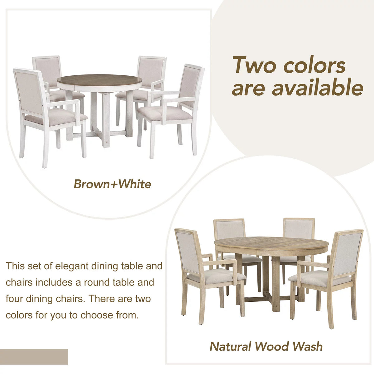 5 Piece Round Extendable Wood Dining Table Set with 4 Upholstered Chairs S4032