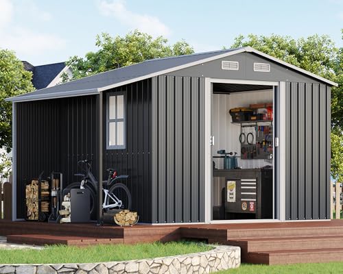 Dark Grey/White Metal Storage Shed with Sliding Doors T729