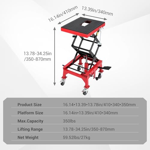 Hydraulic Motorcycle Lift Jack 350LBS, Foot Operated Scissor Lift Table, Heavy-Duty Steel Stand with Safety Lock & Wheels, Height Adjustable, Oil Drain Hole W873687