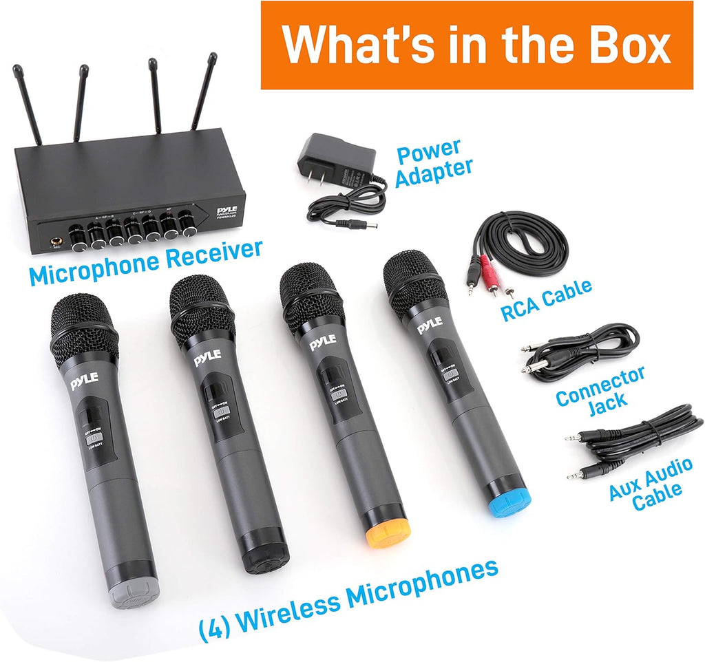 Portable UHF Wireless Microphone System, Battery Operated Four Bluetooth Cordless Microphone Set with Receiver Base C1110