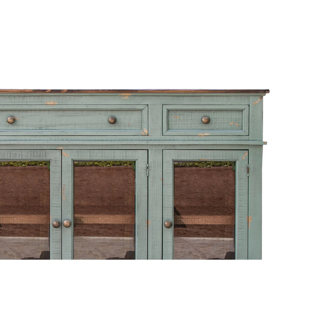70 in. 4 Glass Doors Teal Blue Pine Wood Console Sideboard Cabinet A149