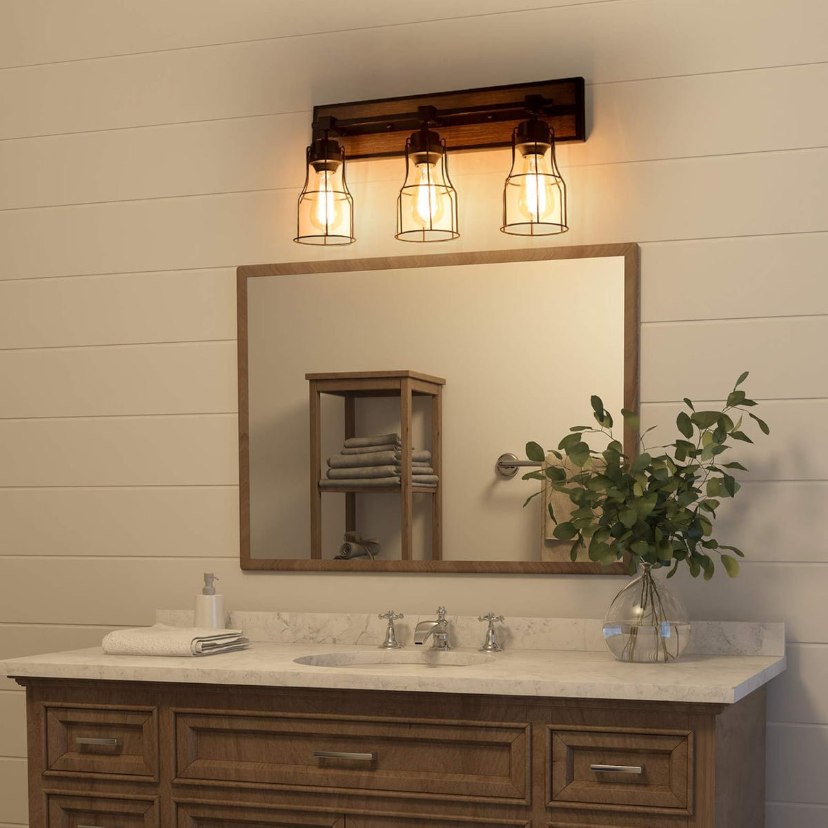 Bathroom Vanity Light Fixtures with Metal Cage, Faux Wood Finish T825