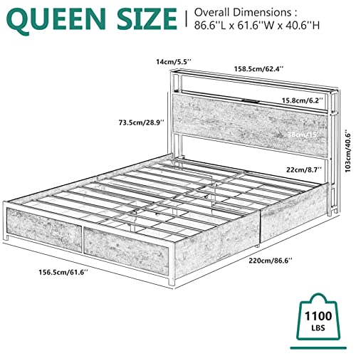 Full Size Metal Bed Frame with Storage Drawers, Rustic Brown U9405
