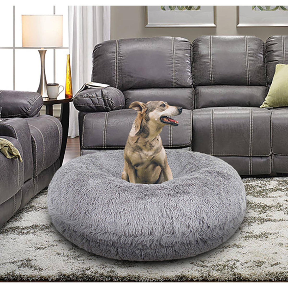 Siberian Grey Shag Faux Fur Bagel Pet Bed, Small - 30 inch A5004
