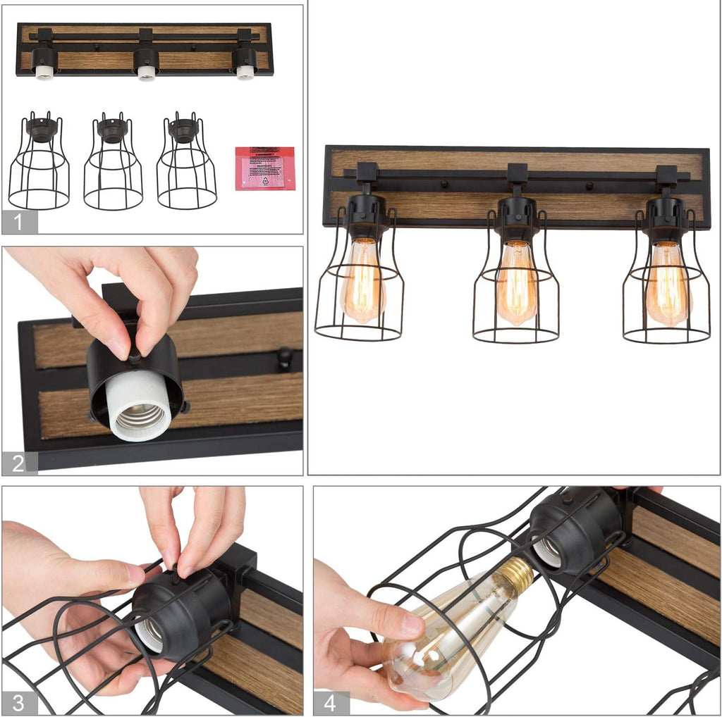 Bathroom Vanity Light Fixtures with Metal Cage, Faux Wood Finish T825