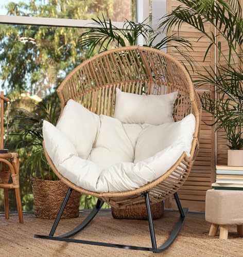 Beige Oversized Wicker Egg Chair with Cushion E397