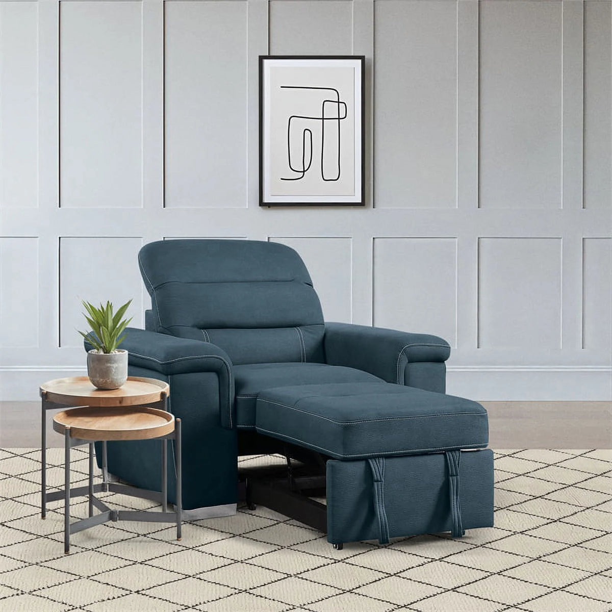 Blue Microfiber Accent Chair with Pull Out Ottoman V2833