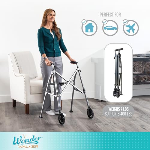 Lightweight Foldable Rolling Walker with 6-inch Wheels and Ski Glides Matte Black T140