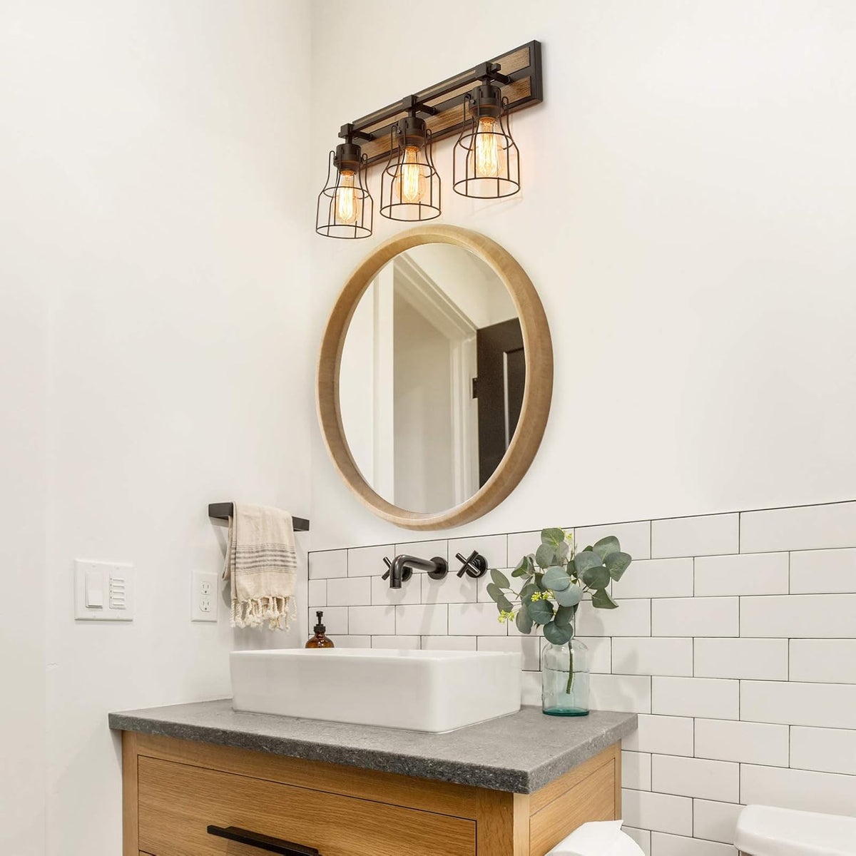 Bathroom Vanity Light Fixtures with Metal Cage, Faux Wood Finish T825