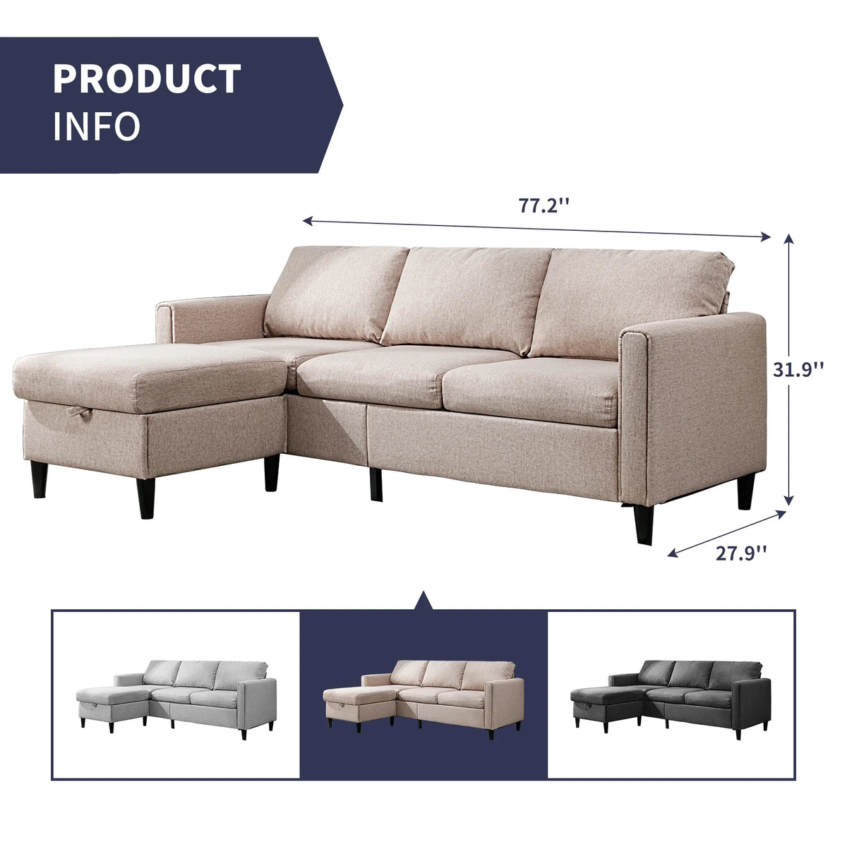 Beige L-Shape Convertible Sectional Sofa with Storage Ottoman X646463