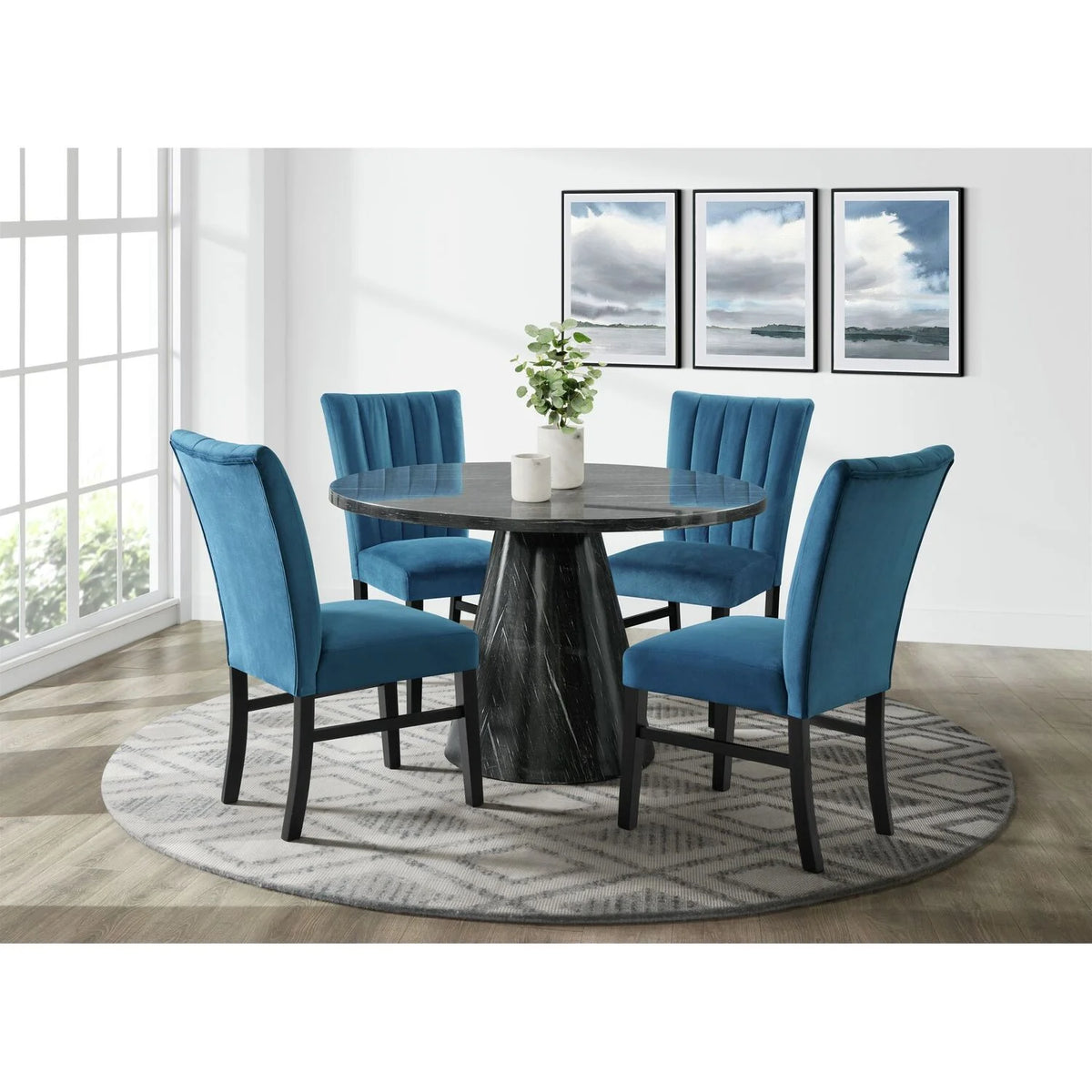 5PC Grey Dining Set with Navy Blue Velvet Chairs R514799