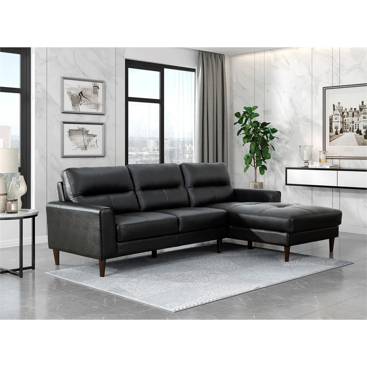 Black 2-Piece Leather Match Sectional with Right Chaise O9487