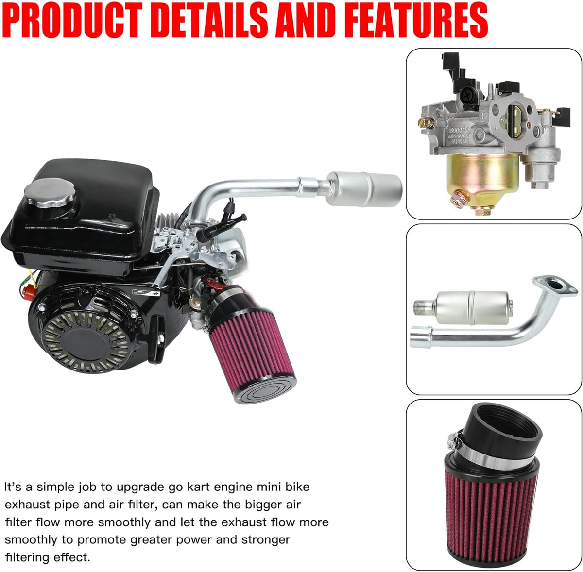 Upgrade Carburetor Air Filter Adapter Exhaust Pipe Muffler Jet Stage 2 Kit for Non-Hemi Predator 212cc 196cc 6.5Hp Mini Bike Go Kart Performance Parts U9870