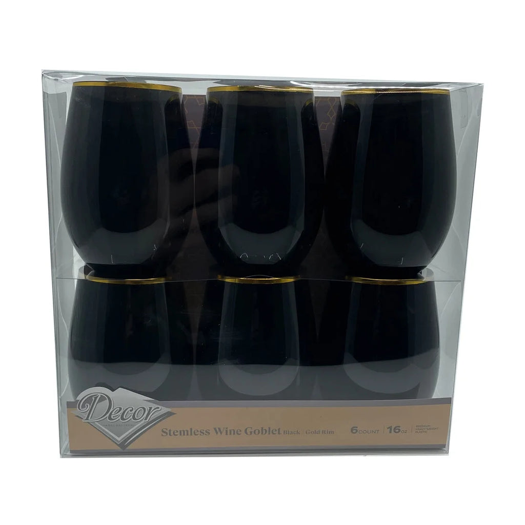Stemless Plastic Wine Goblet 16 oz Black / Gold Rim Pack of 48 K826