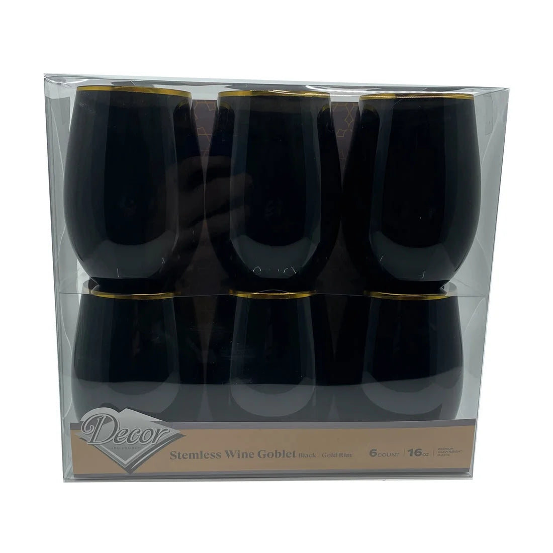 Stemless Plastic Wine Goblet 16 oz Black / Gold Rim Pack of 48 K826