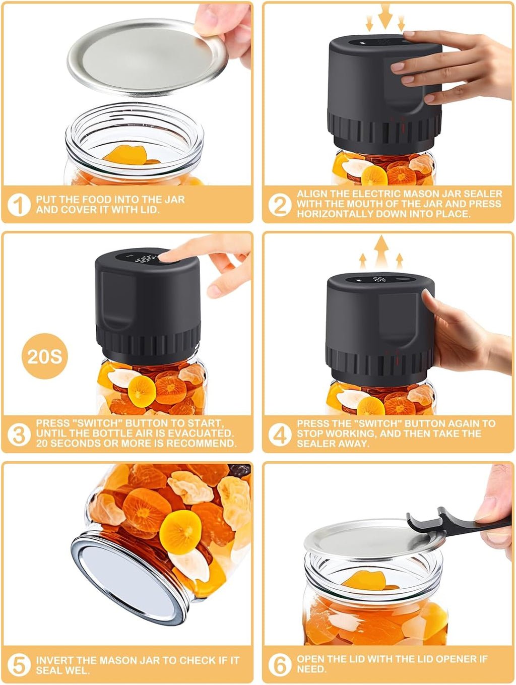Black Cordless Handheld Mason Jar Vacuum Sealer Kit with Wide & Regular Mouth Lids H2227