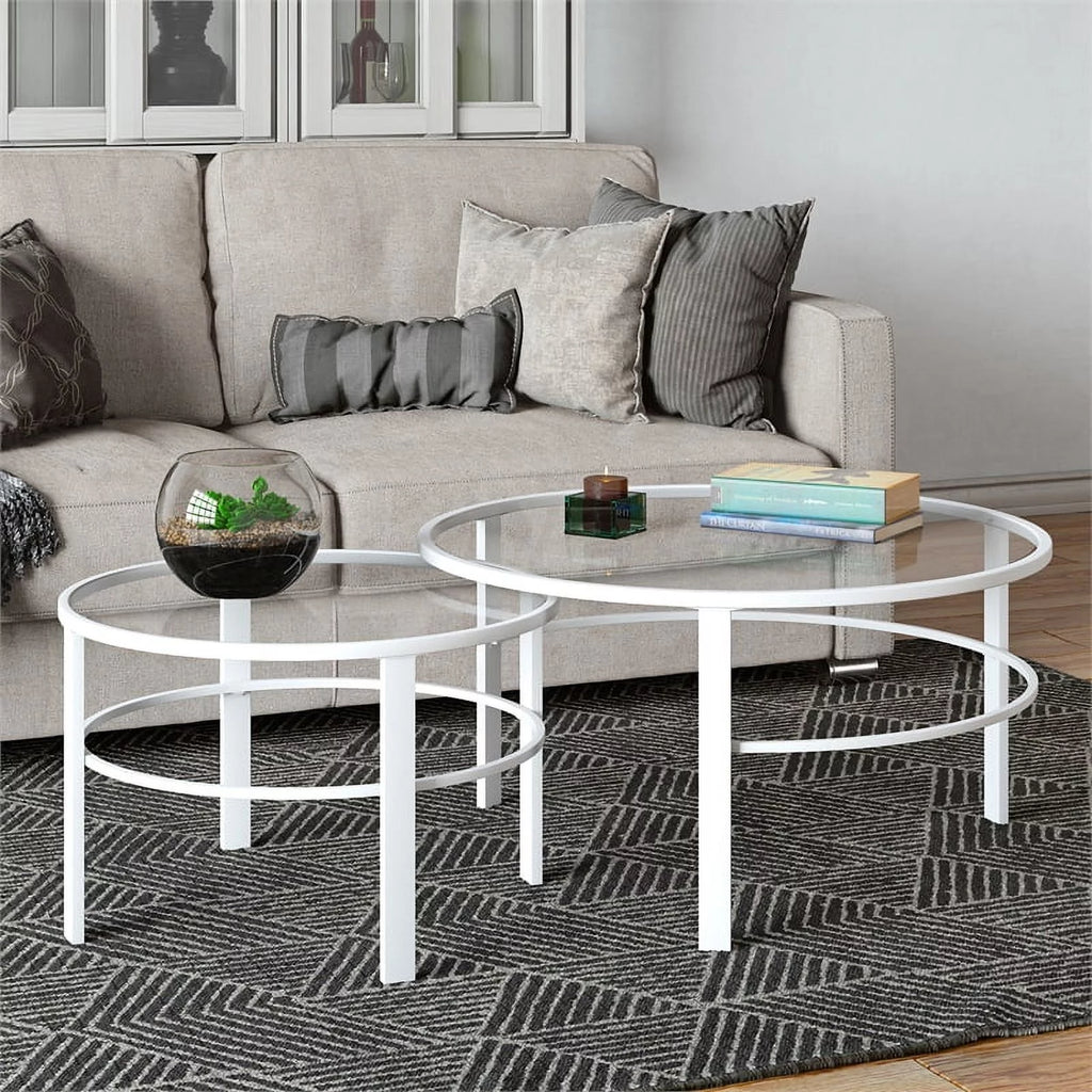 2 Piece Nested Metal & Glass Coffee Table in White Q54492