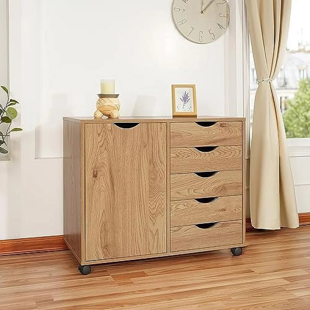 5 Drawer Wood Dresser Cabinet with Wheels D965