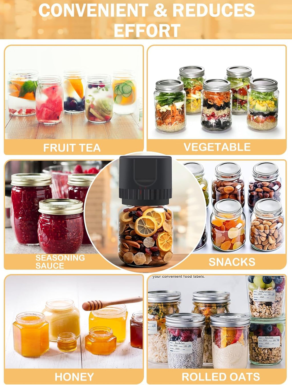 Black Cordless Handheld Mason Jar Vacuum Sealer Kit with Wide & Regular Mouth Lids H2227