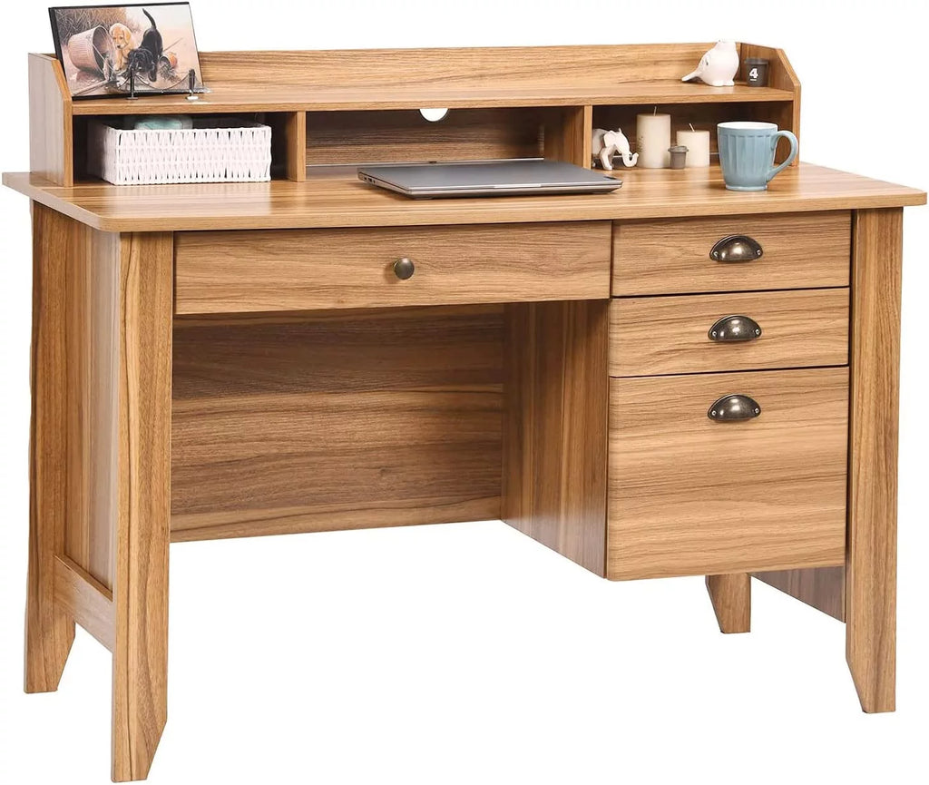 White Oak Computer Desk with Drawers and Hutch Shelf L7422