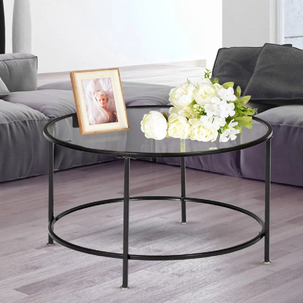 26" Round Glass Coffee Table with Black Iron Frame S4440