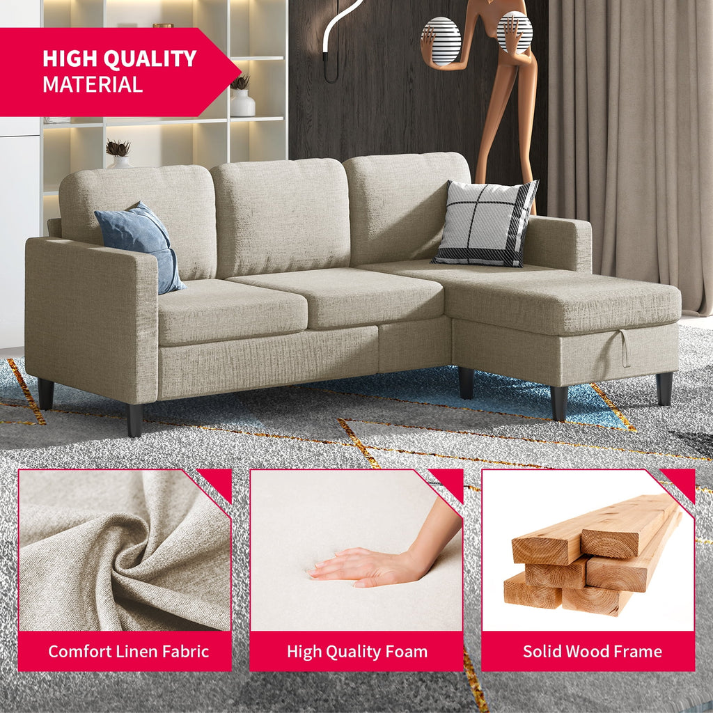 Beige Linen Sectional Sofa with Storage Ottoman Y717844