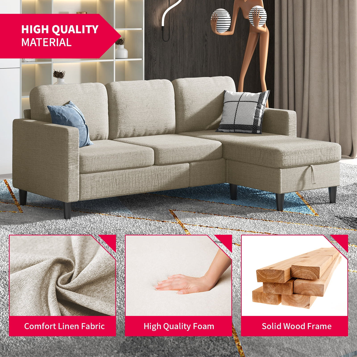 Beige Linen Sectional Sofa with Storage Ottoman Y717844