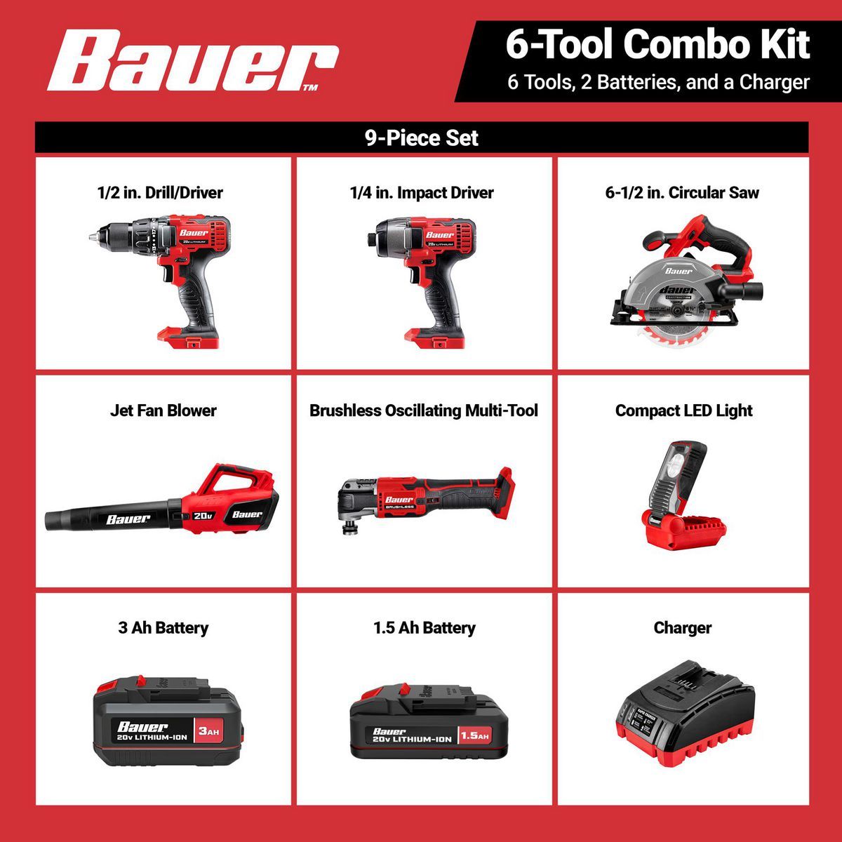 20V Cordless 6-Tool Combo Kit with 3 Ah Battery and 1.5 Ah Battery Z263