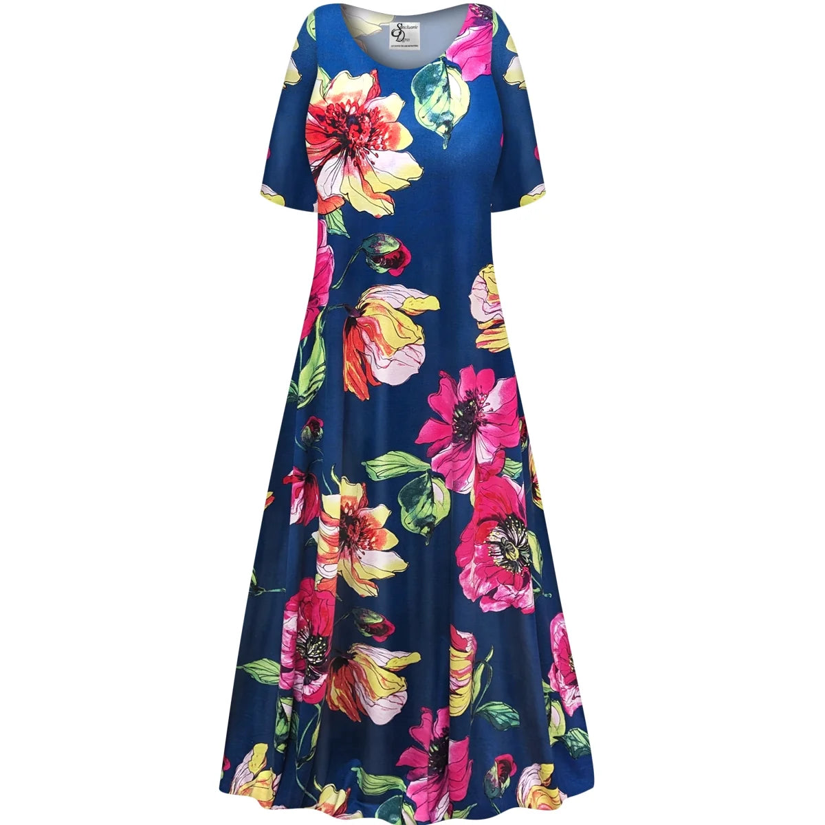 Blue Short Sleeve A Line Maxi Dress F1878