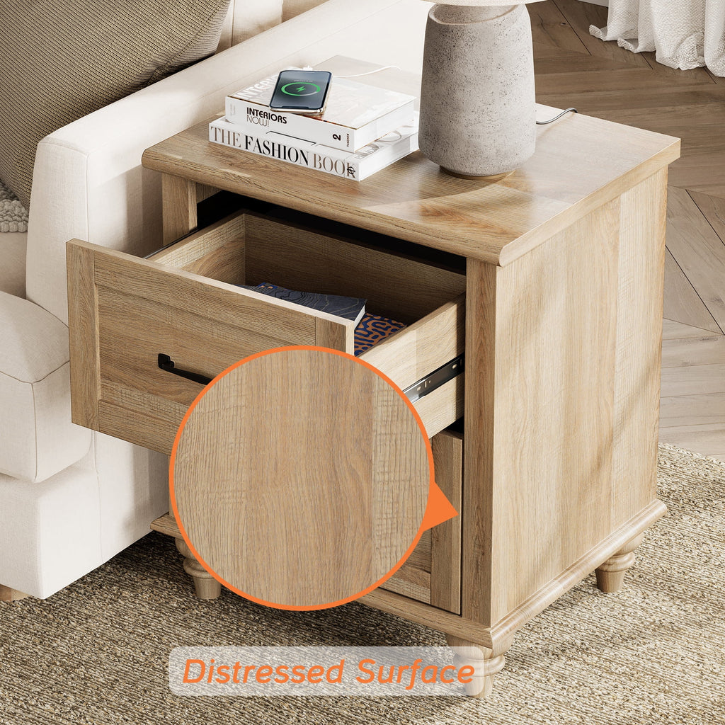 Light Rustic Oak Nightstand with Charging Station and 2 Drawers S651420