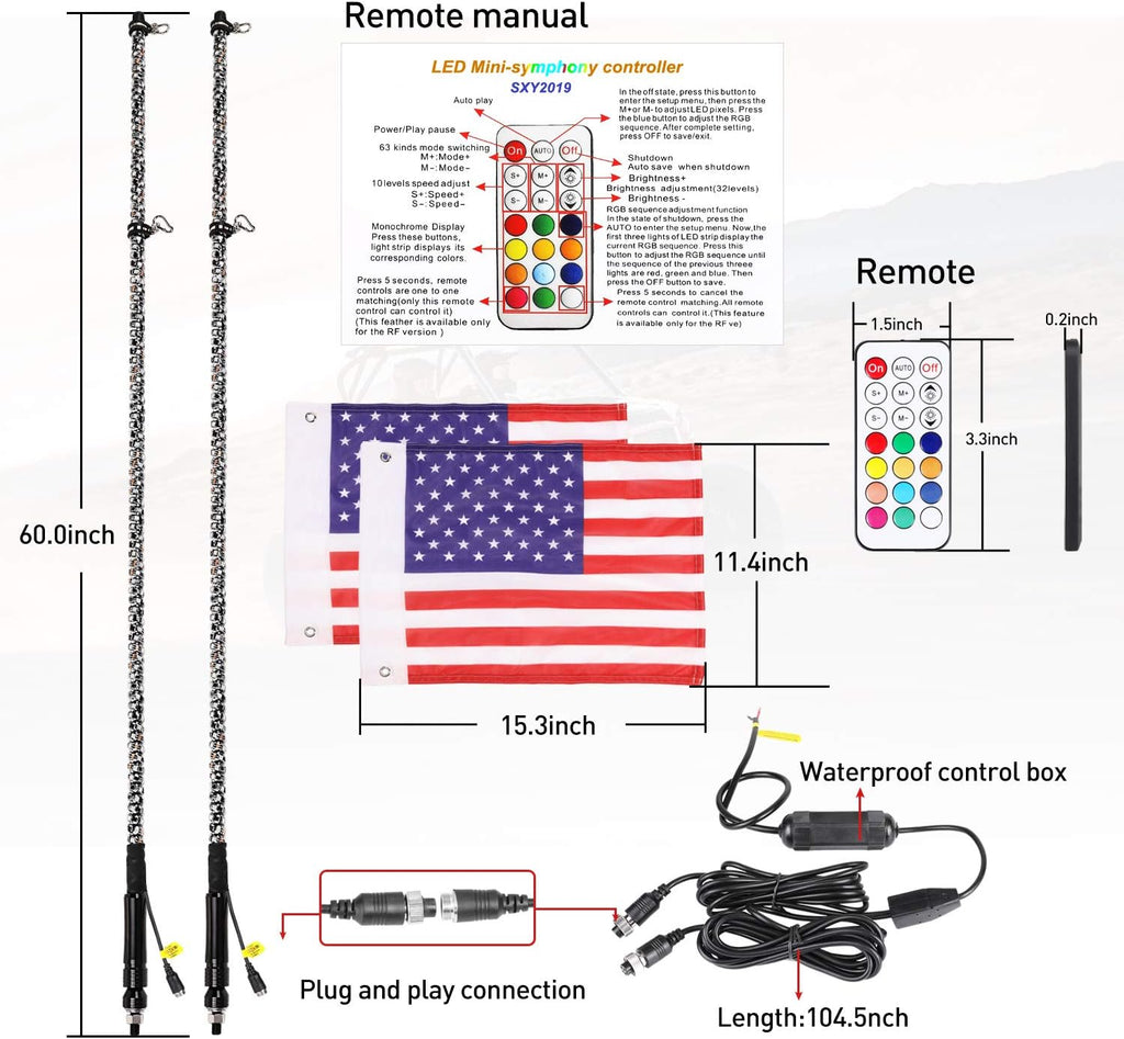 2PCS 5FT RGB LED Whip Lights with Flag N48468