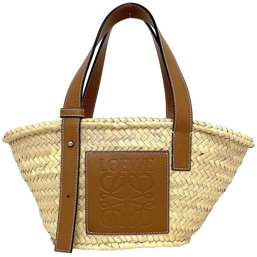 Pre-Owned Beige Brown Straw Calf Leather Tote Handbag M13975