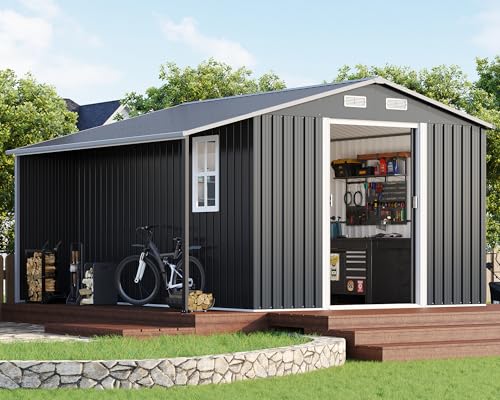 Dark Grey/White Metal Storage Shed with Sliding Doors T729