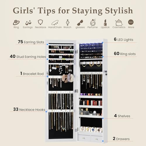 White 47.2-Inch Lockable Mirror Jewelry Cabinet C3757