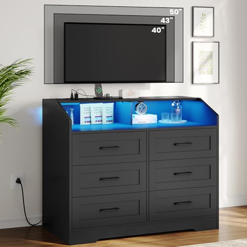 White 6 Drawers Wood Dresser with LED Lights and Charging Station N189