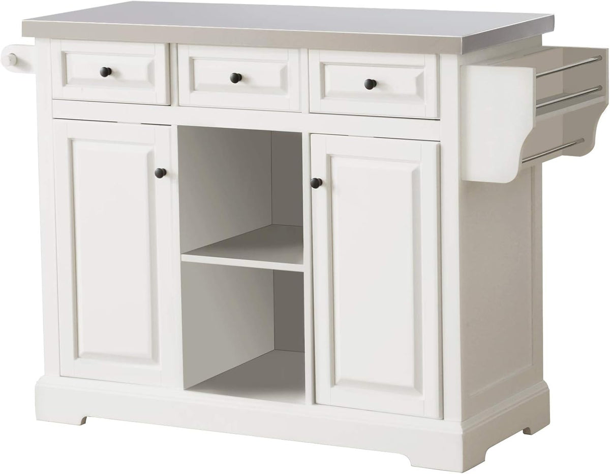 White Rolling Kitchen Island with Stainless Steel Top J936