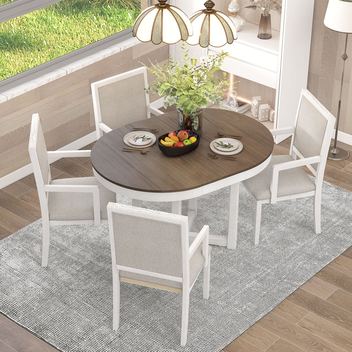 5 Piece Round Extendable Wood Dining Table Set with 4 Upholstered Chairs S4032