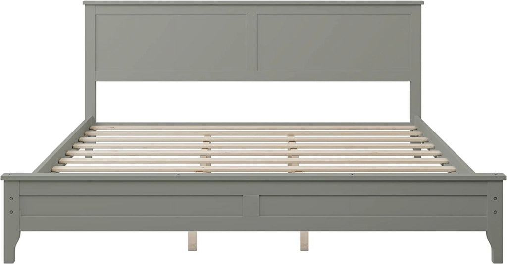 King Size Wood Platform Bed Frame with Headboard and Slat Support, Grey T4393