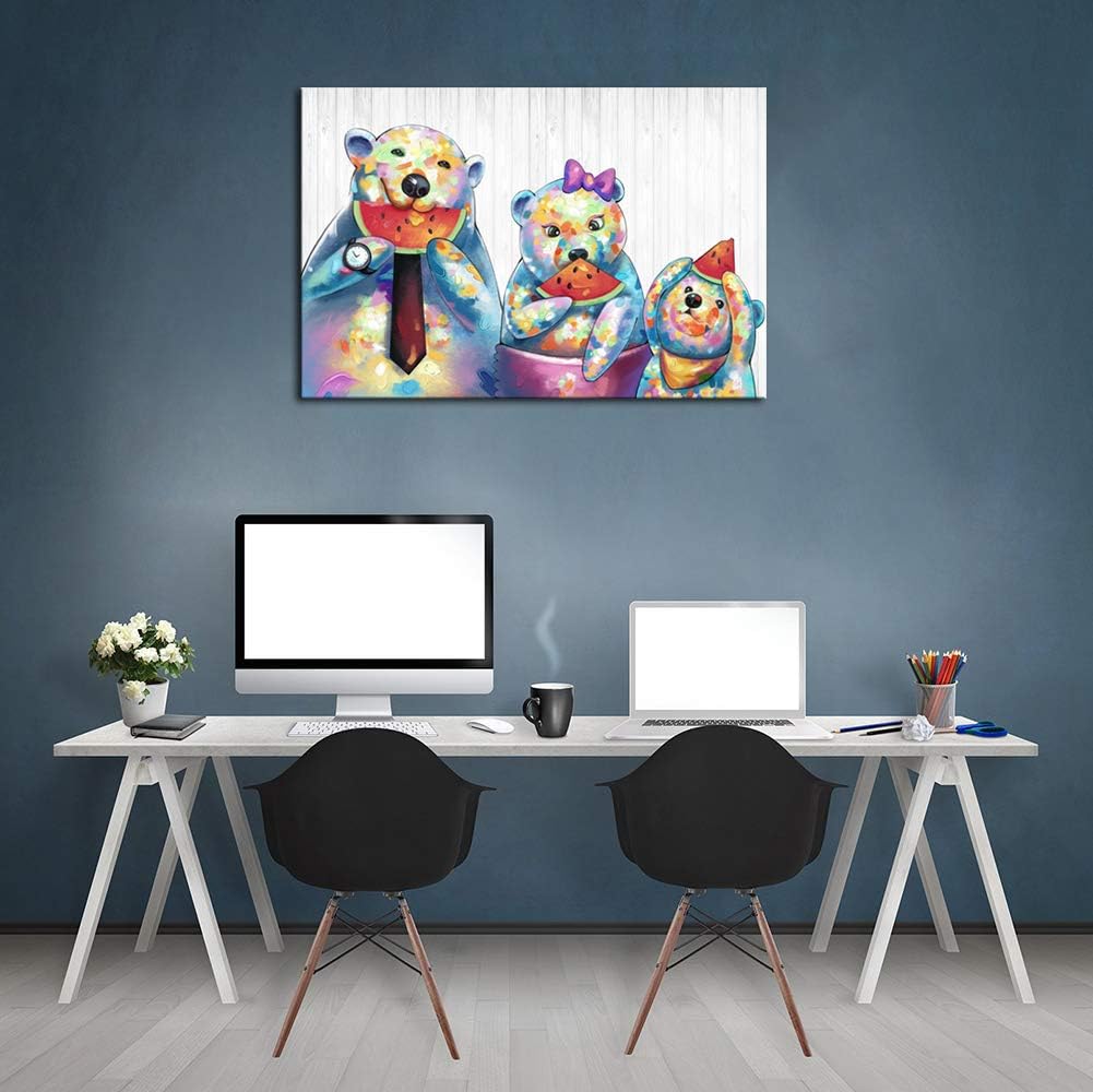 Canvas Wall Art Bear Family Eating Watermelon Painting Wooden Texture Poster Print I93120