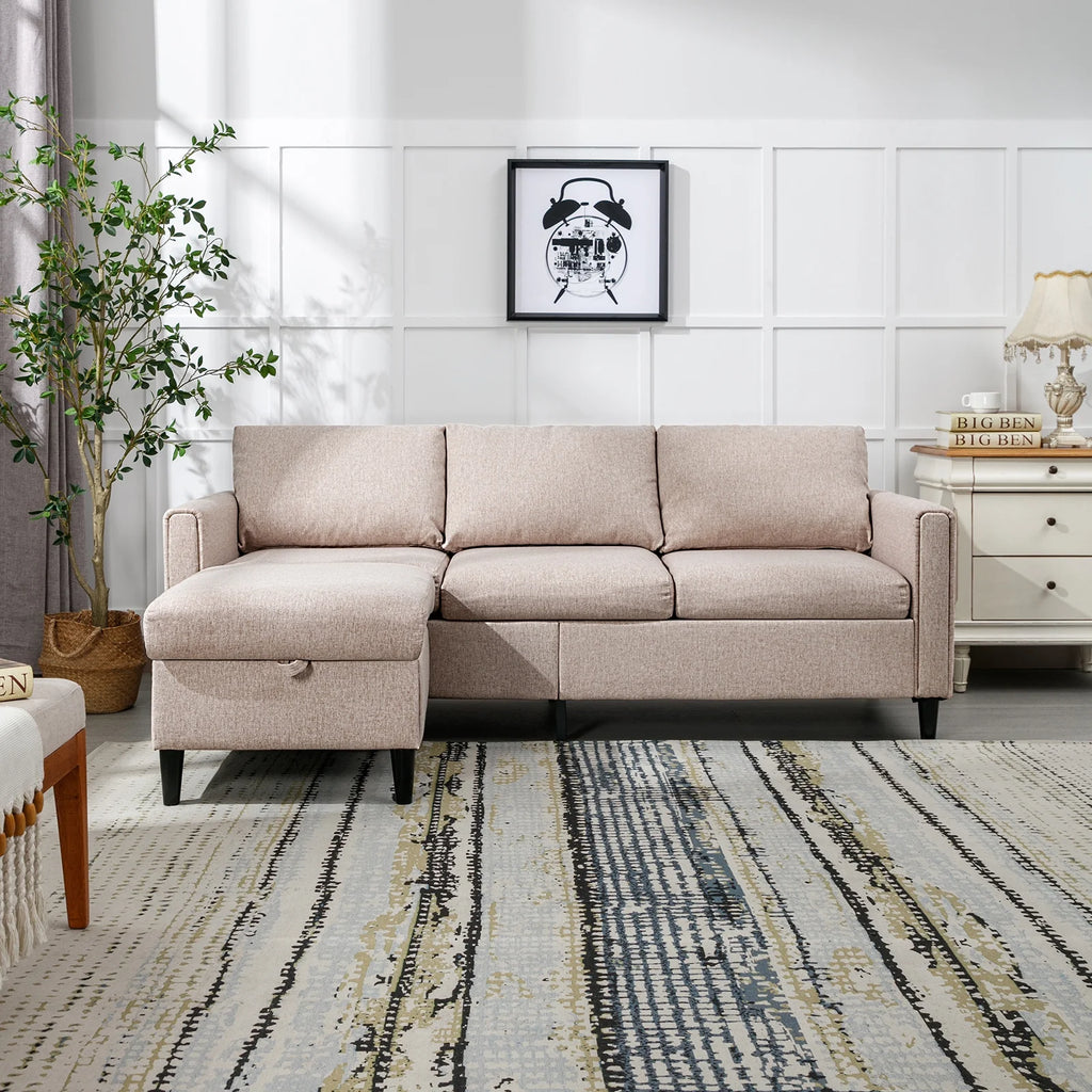 Beige L-Shape Convertible Sectional Sofa with Storage Ottoman X646463