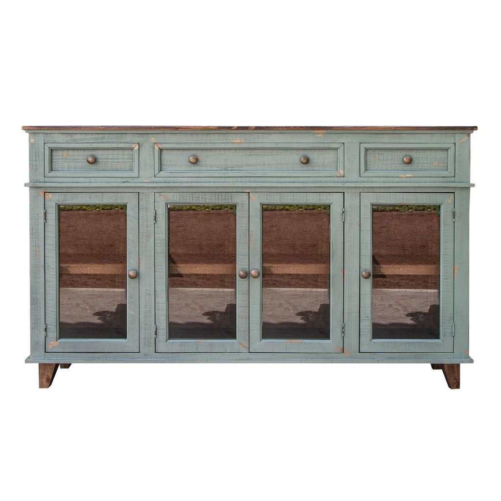 70 in. 4 Glass Doors Teal Blue Pine Wood Console Sideboard Cabinet A149
