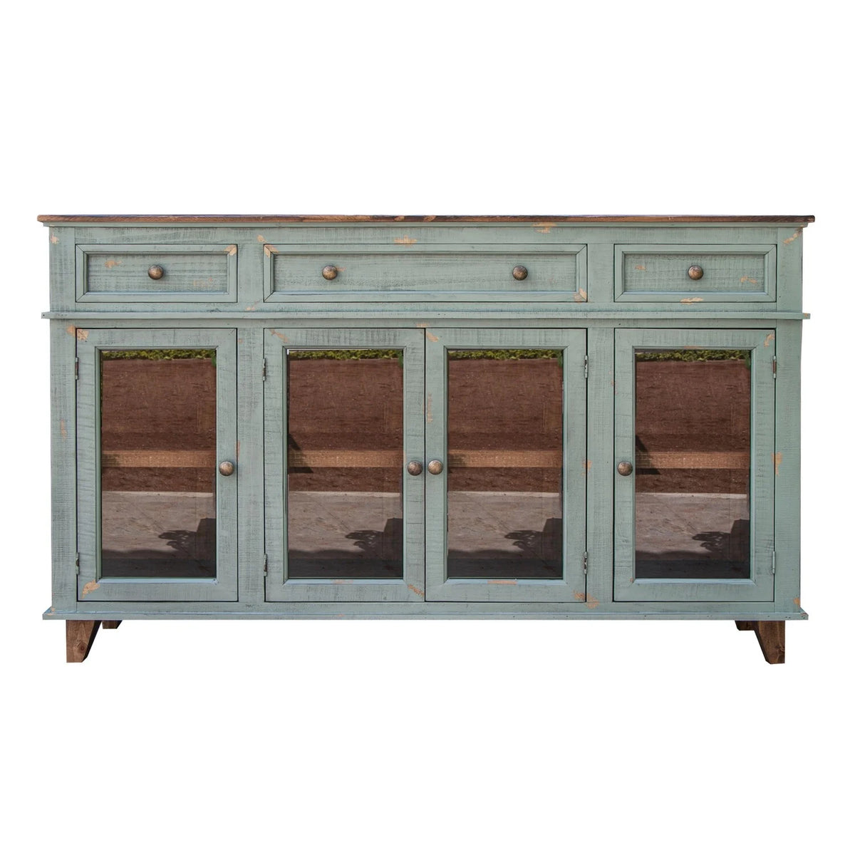 70 in. 4 Glass Doors Teal Blue Pine Wood Console Sideboard Cabinet A149