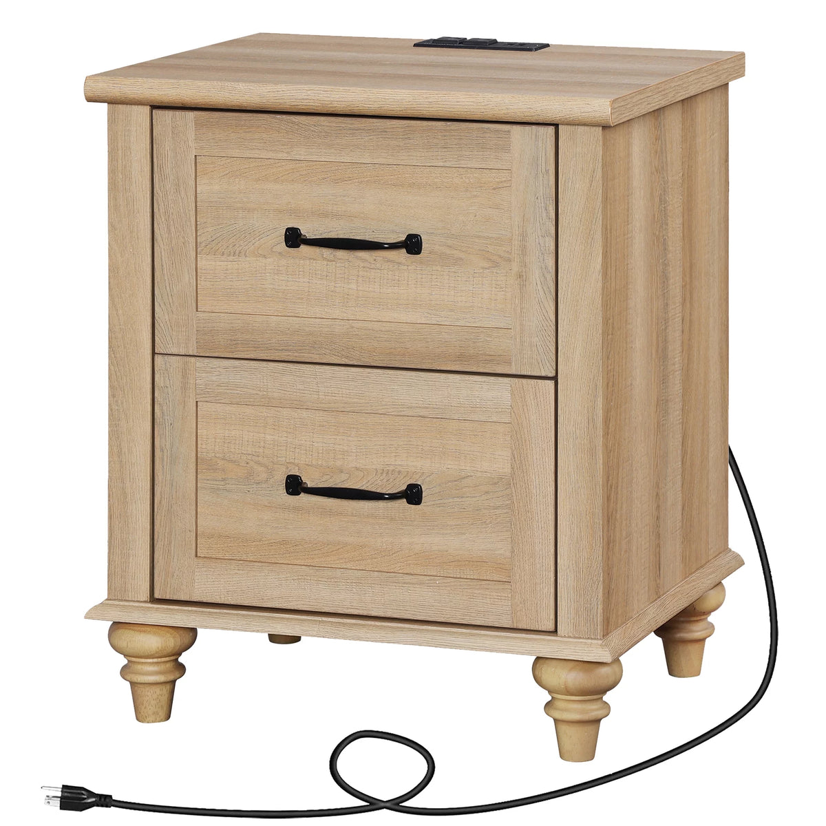 Light Rustic Oak Nightstand with Charging Station and 2 Drawers S651420
