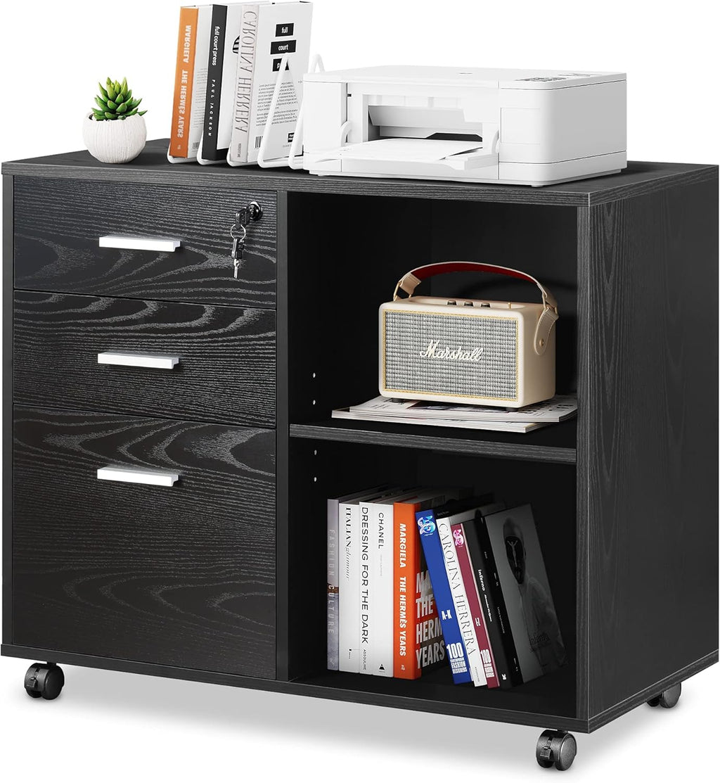 Black 3-Drawer Wood File Cabinet with Lock X307684