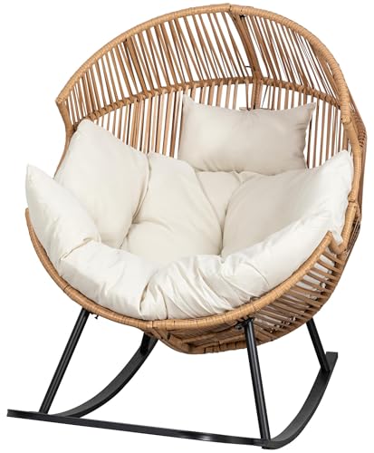Beige Oversized Wicker Egg Chair with Cushion E397