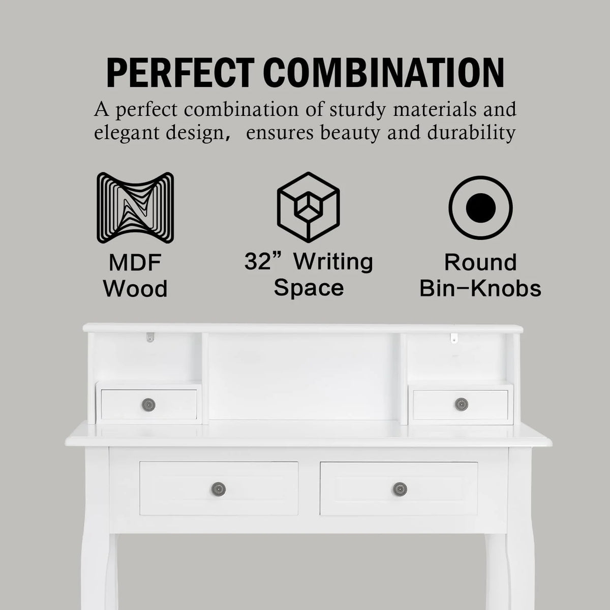 White 32 Inch Writing Desk with Storage Drawers E9557