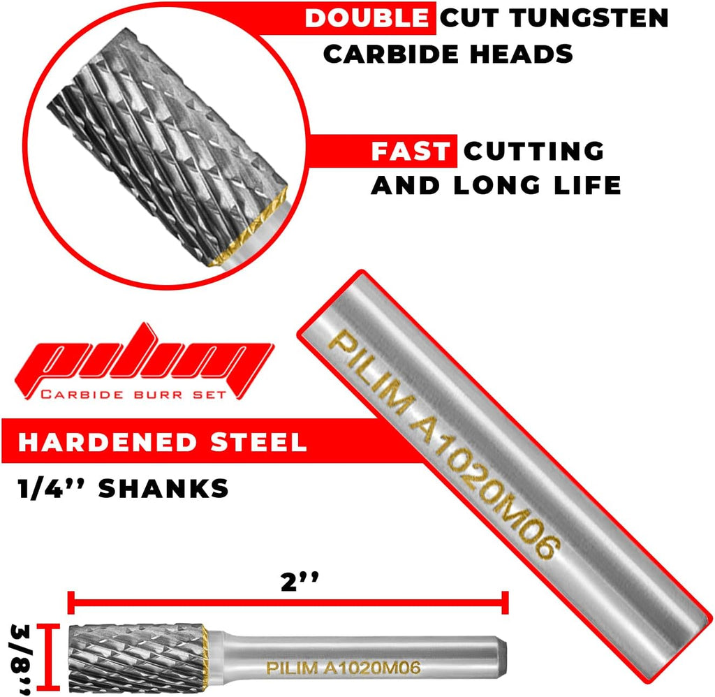 Tungsten Carbide Burr Set 1/4" Shank 10PC Double Cut Rotary Cutting Burrs Die Grinder Bits M753229