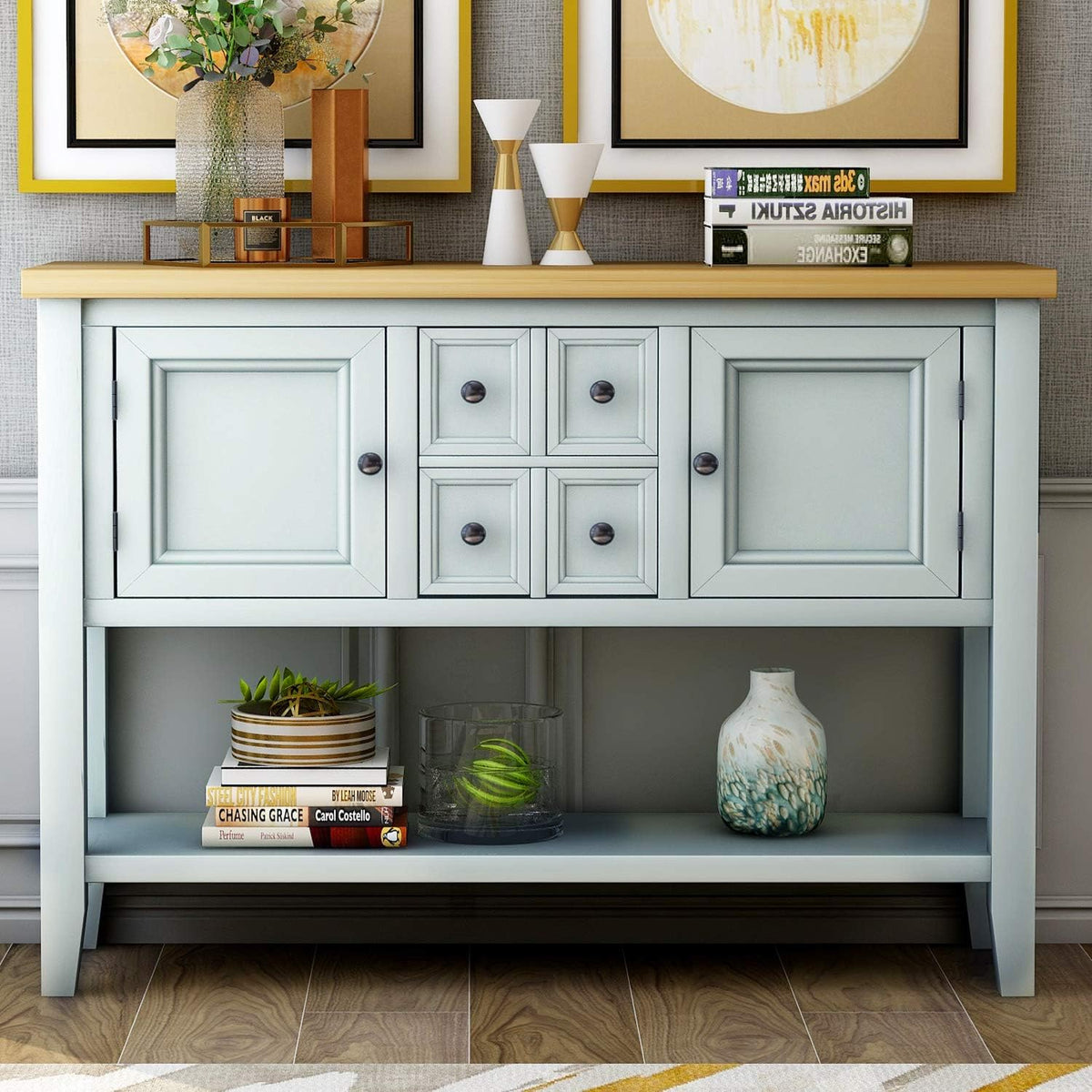 Solid Wood Console Table with 3 Drawers, 2 Cabinet and 1 Shelf L2425