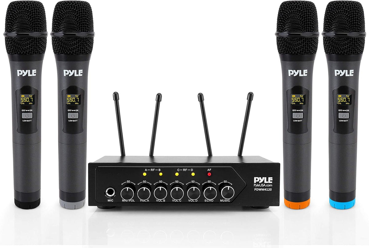 Portable UHF Wireless Microphone System, Battery Operated Four Bluetooth Cordless Microphone Set with Receiver Base C1110